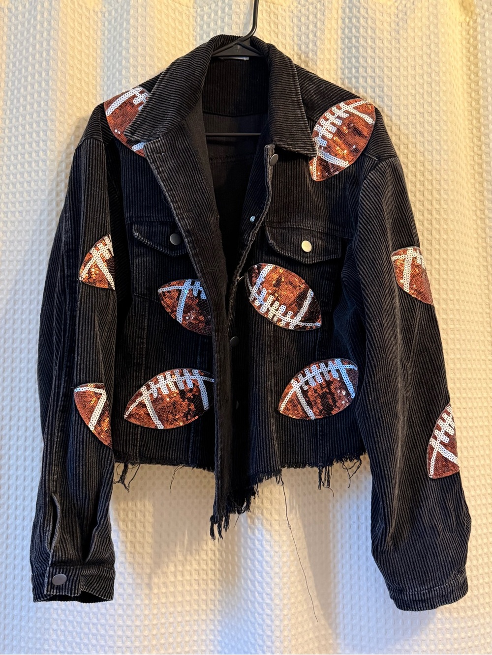BiBi Black Corduroy Jacket with Sequin Football Appliqués